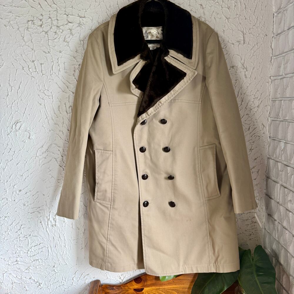 London Fog Faux Fur Lined Vintage Trench Coat Tan Double Breasted Mens 42R